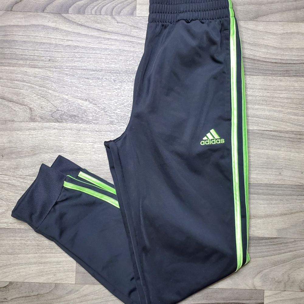 Adidas Kids Black Track Pants with Green Stripes